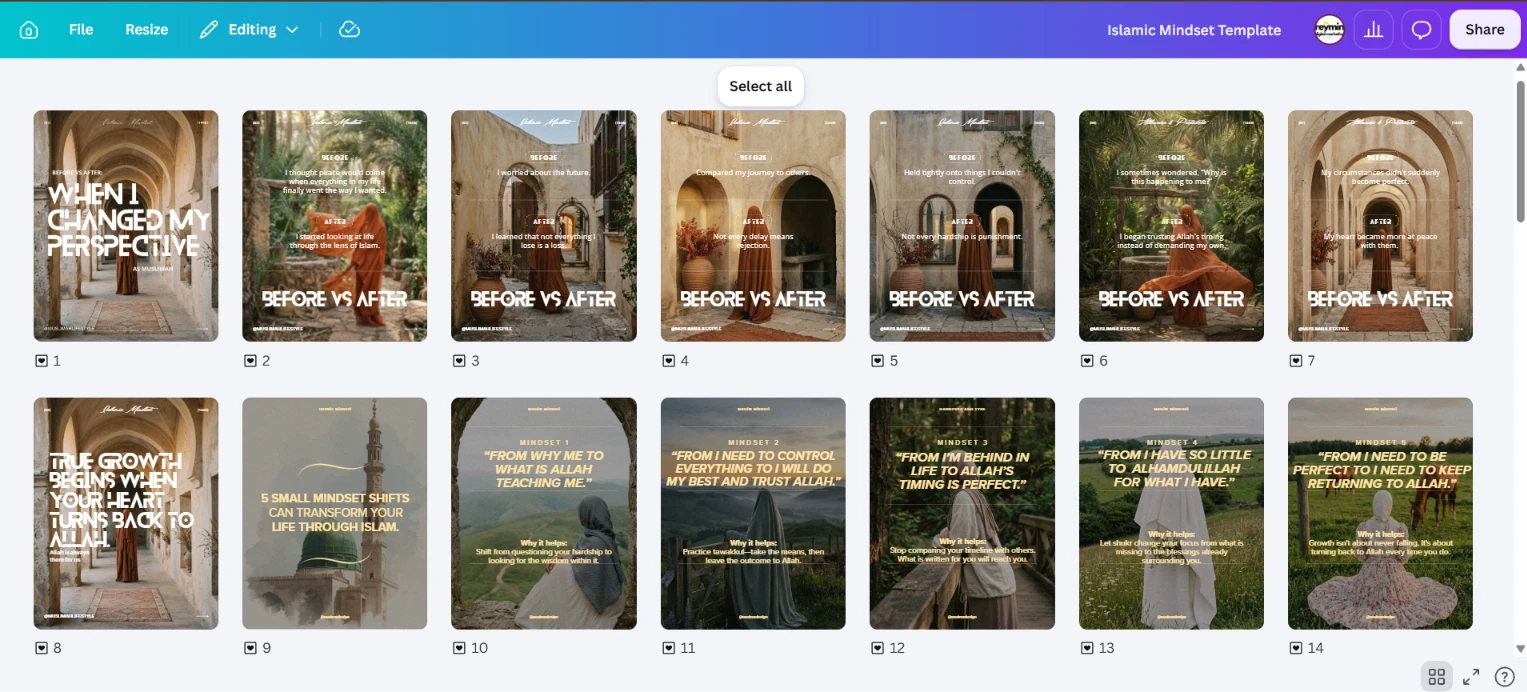 A real page from the Islamic Mindset collection inside Canva